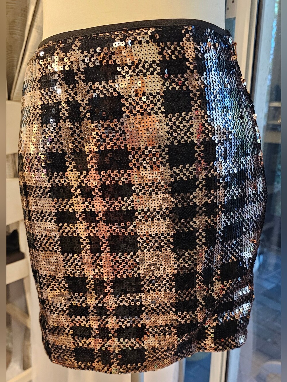 Vanilla Bay Black Rose Gold Sequin Plaid Pencil Mini Skirt S